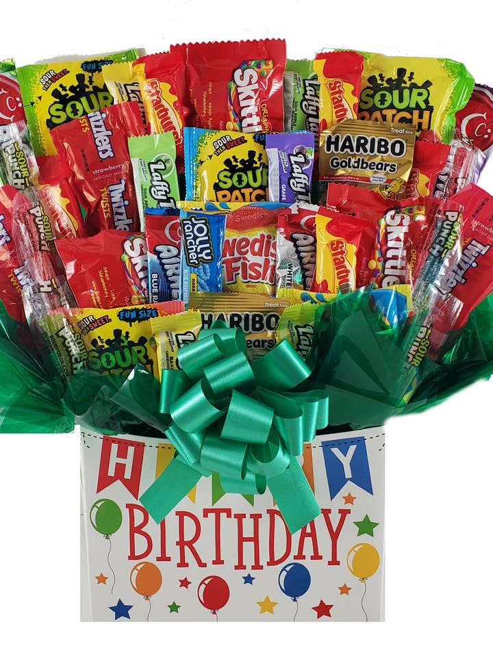 Sour Tart Taffy candy bouquet in Birthday box (Large 36 pc) for wholesale by So Sweet of You
