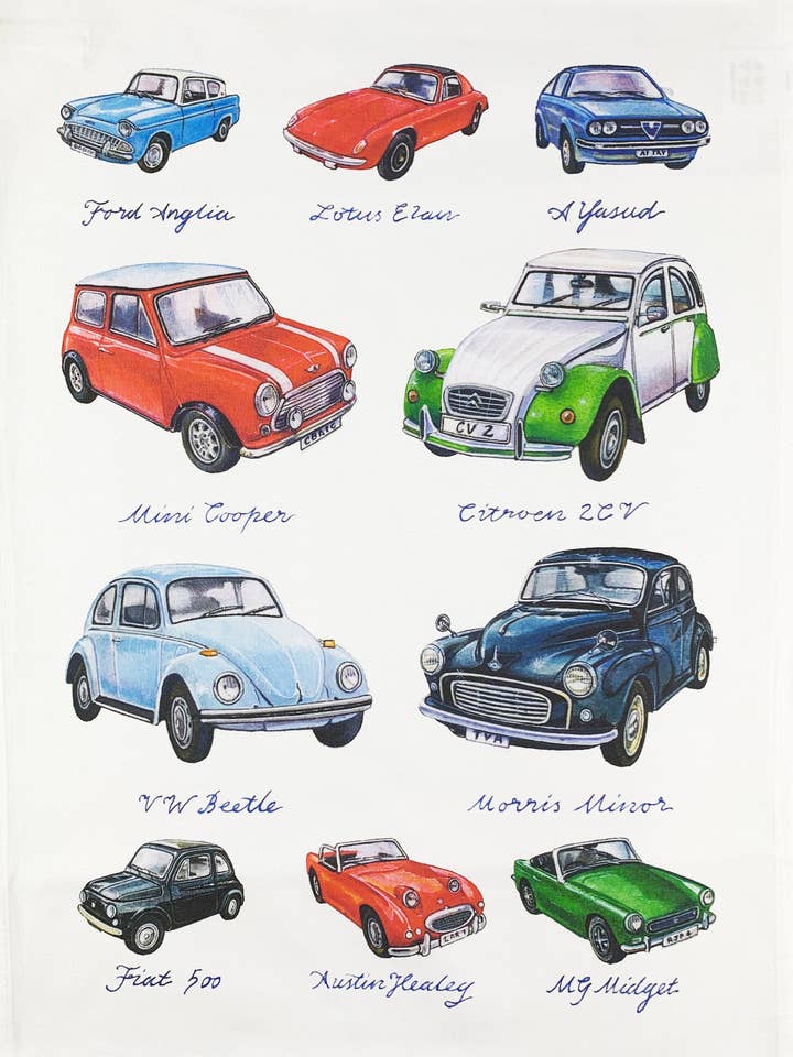 Hand drawn Great Small Cars Large Cotton Tea Towel for wholesale by Half a Donkey