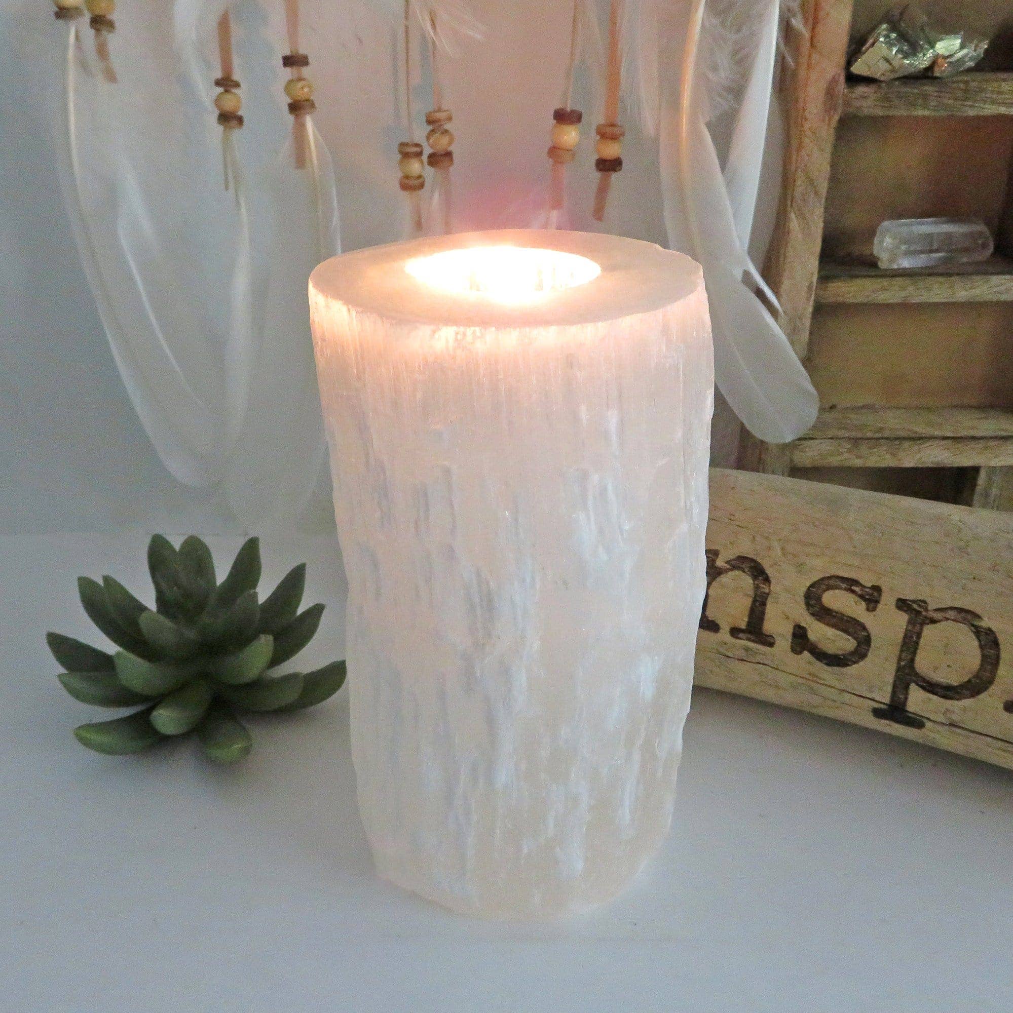 Large Selenite Crystal Tea Light Candle Holder Omni New Age ~ White 