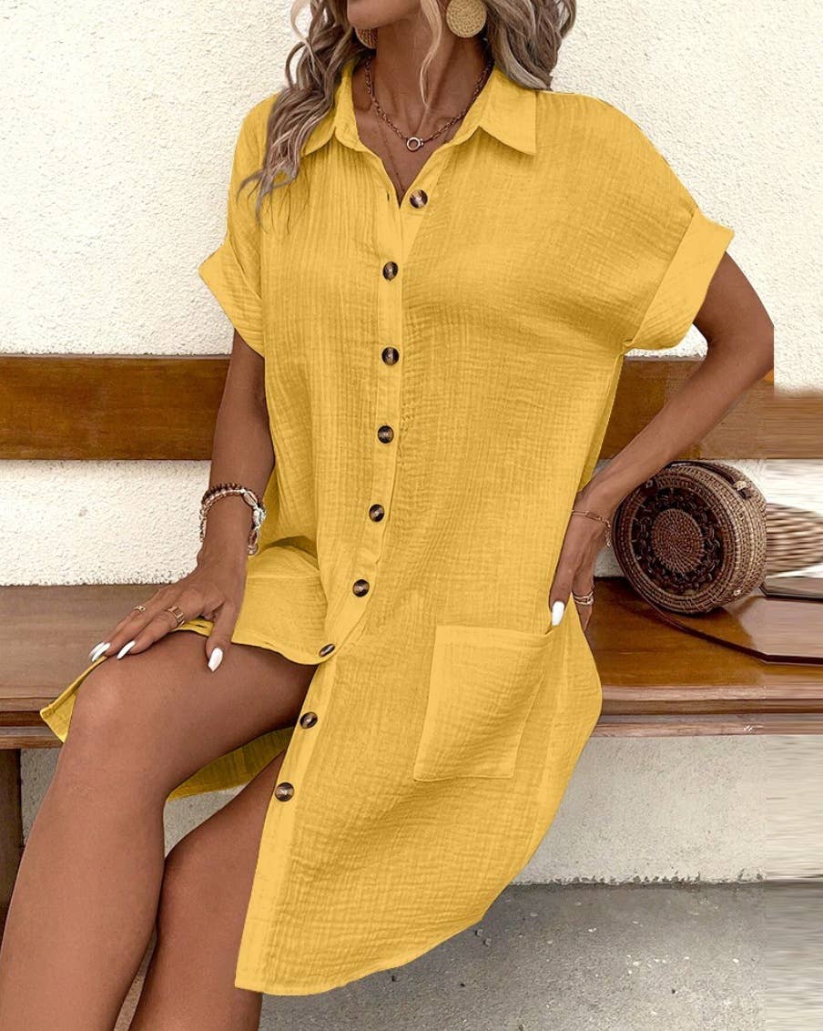 Lily Clothing - Wholesale Dress - Women's - Simple loose V-neck single breasted solid color shirt dress13