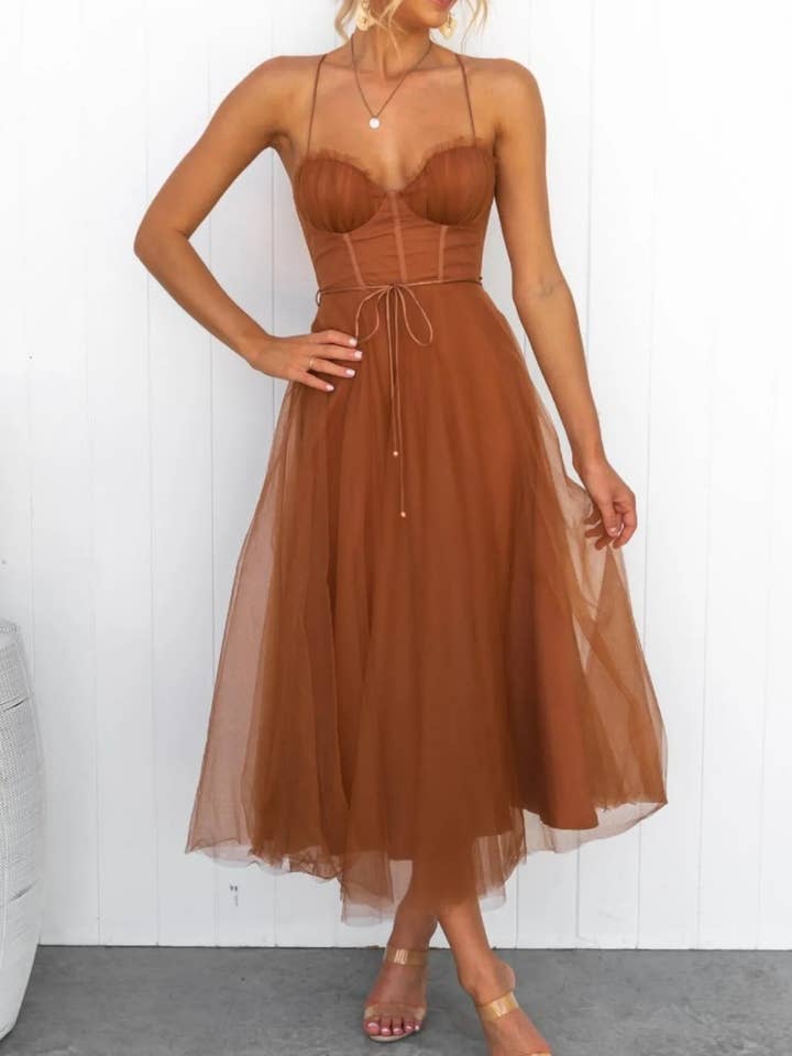 React Activewear - Wholesale Dress - Women's - Sweetheart Neck Tulle Midi Dress0