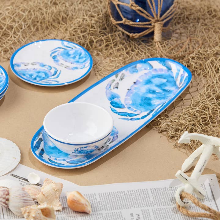 Certified International - Wholesale Condiment/Dip Bowl - Beach House Crab Oval Tray 15in x 6in with Dip Bowl 4.75in2