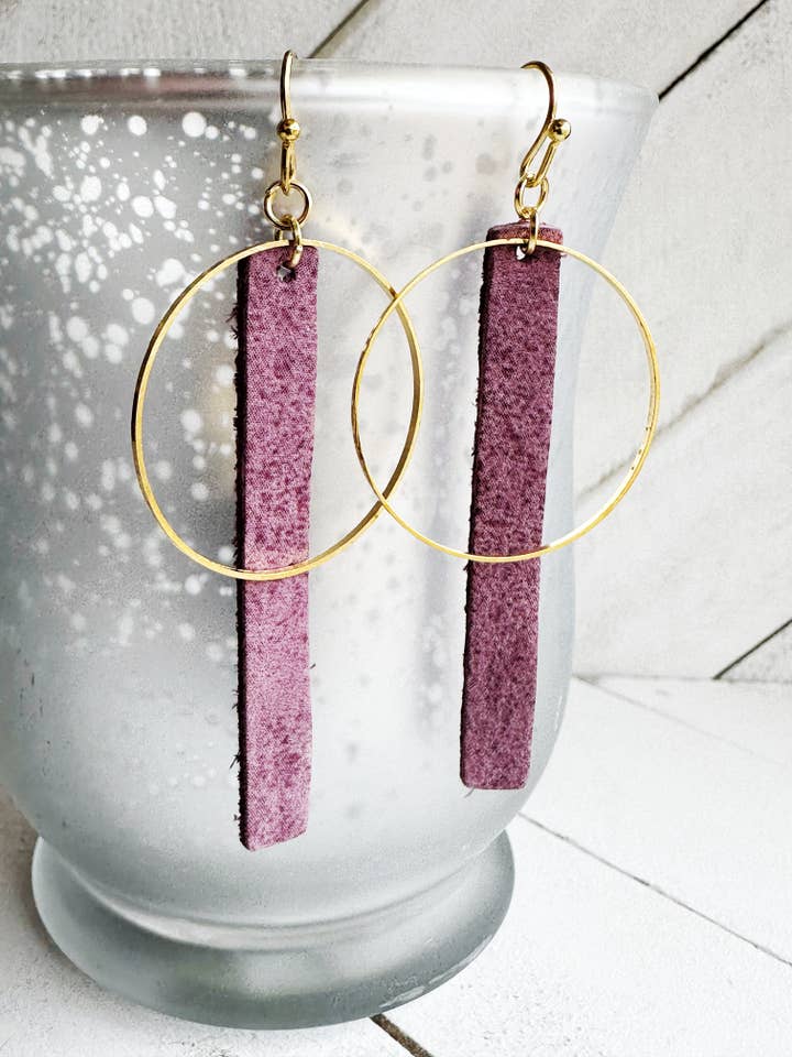 Purple & Gold - Leather Bar + Metal Circle Earrings for wholesale by Boho By Design