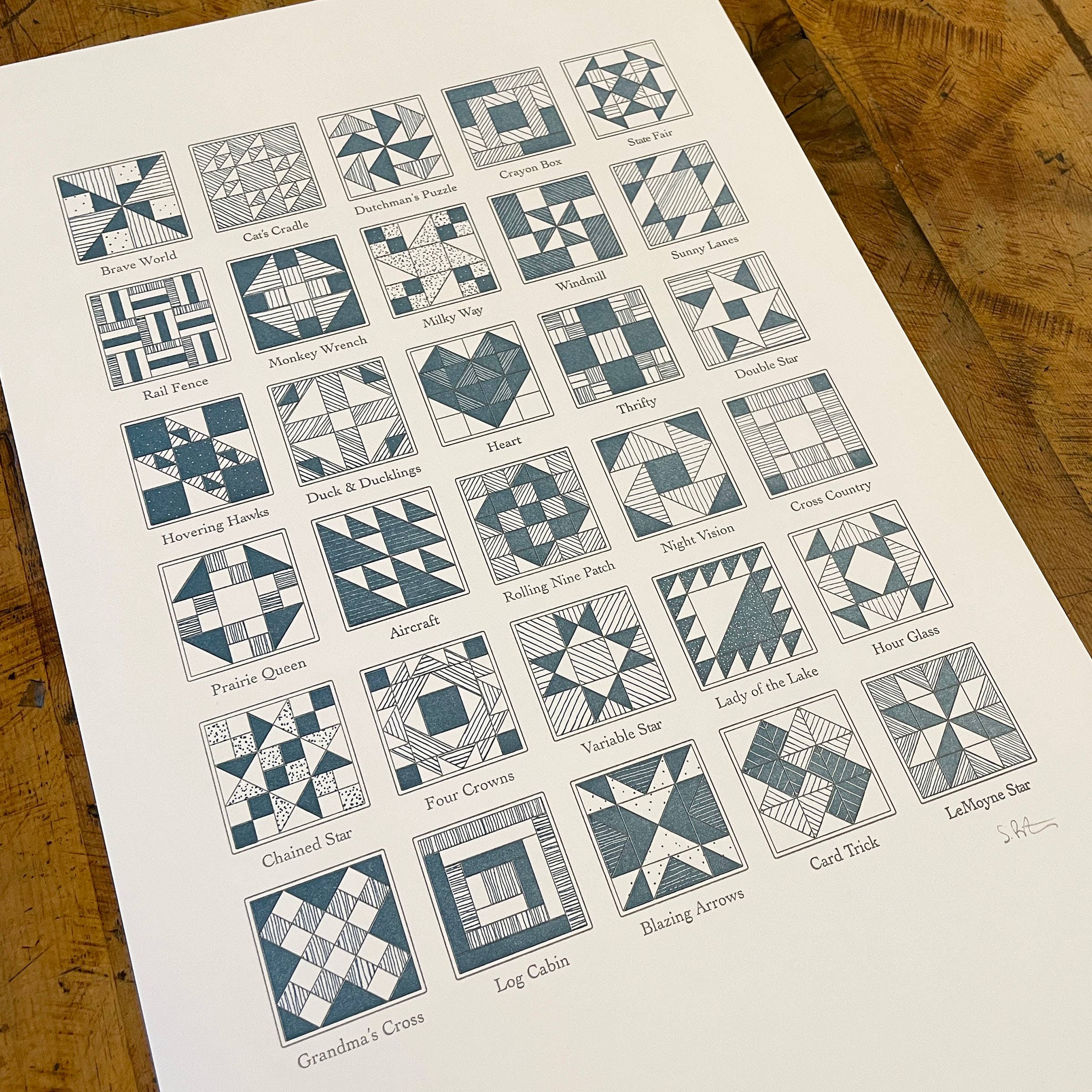 Green Bird Press - Wholesale Art Print - A Few Quilt Blocks Letterpress Print - 12" x 18"1