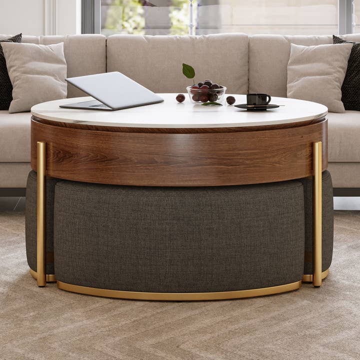 39F Inc. - Wholesale Coffee Table - Modern Lift-Top Round Coffee Table w/3 Nesting Ottomans 2