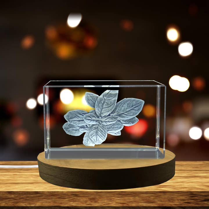 AB Crystal Collection – wholesale Decorative tabletop object – Aroma of Basil Engraved Crystal Decor Sculpture for Herb Garden and Home