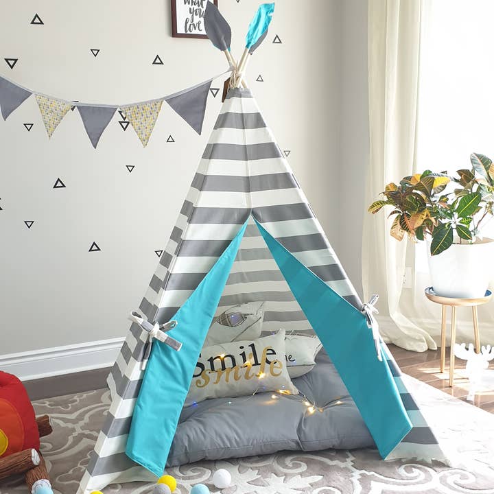 The Teepee Store - Wholesale Tent - Kids - Grey and White Stripes Combo Play Teepee Tent Boys Girls