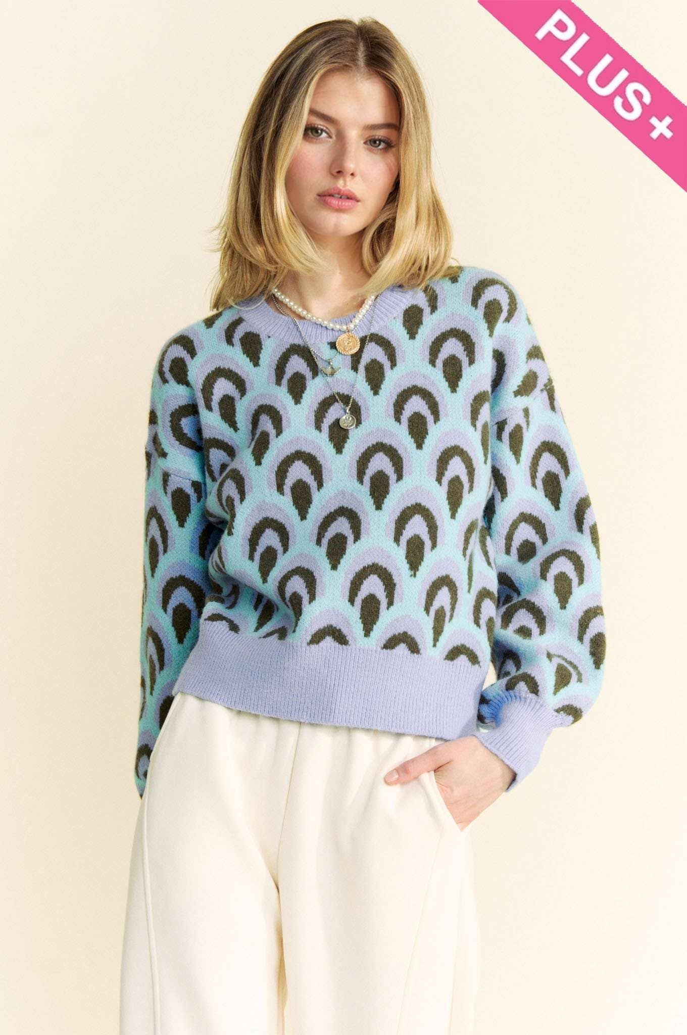 Combo azul SUÉTER HOLGADO CON CUELLO REDONDO Y JACQUARD A ESCALA GRANDE de venta al por mayor en Faire0