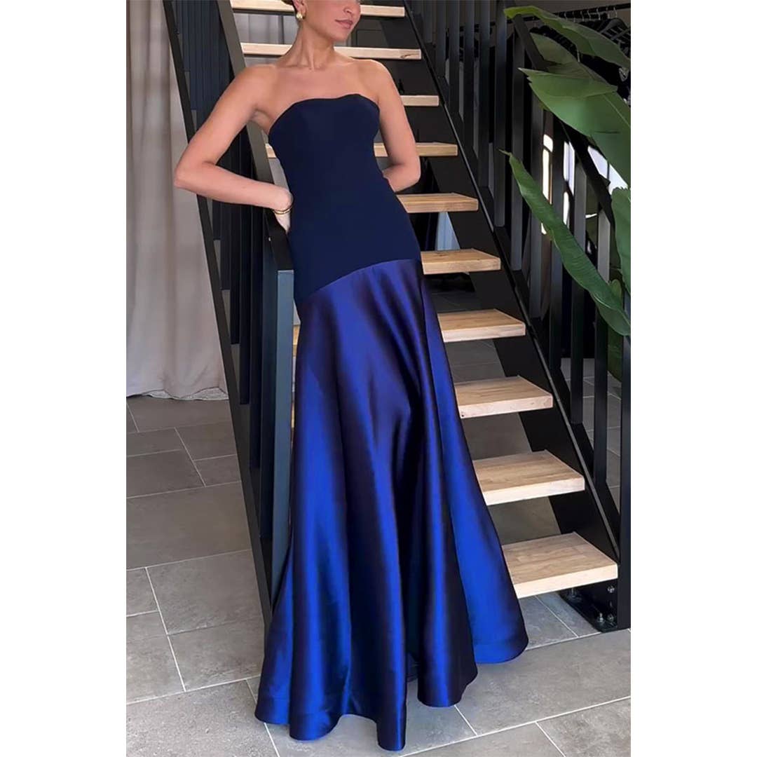 UNISHE – Vestido - Mulher por atacado – Vestido Justo Sem Alças de Cetim Sem Mangas com Blocos de Cor JRM1289