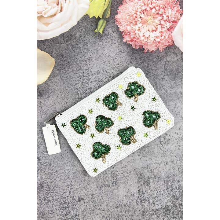 GREEN ST PATRICKS CLOVER OF INDIAN BEADED COIN POUCH for wholesale on Faire5