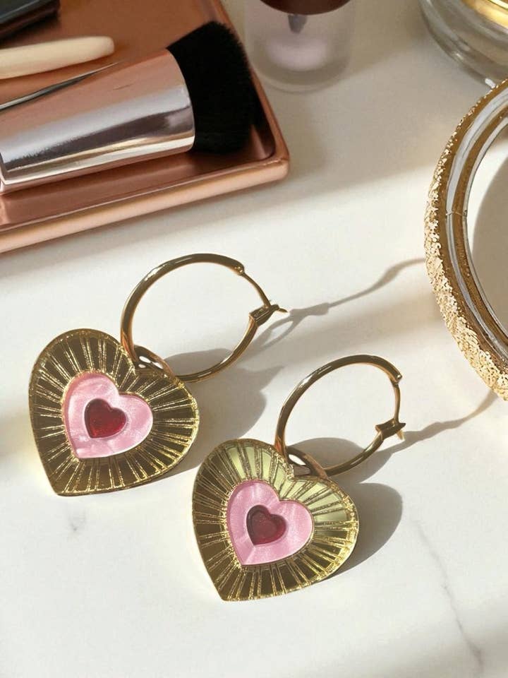 Pink, Gold and Red Heart Hoop Earrings – Acrylic Statement Dopamine Maximalism Cottagecore Kawaii Celestial Alt Gift Jewellery Red Centre for wholesale by Squishy Jewellery
