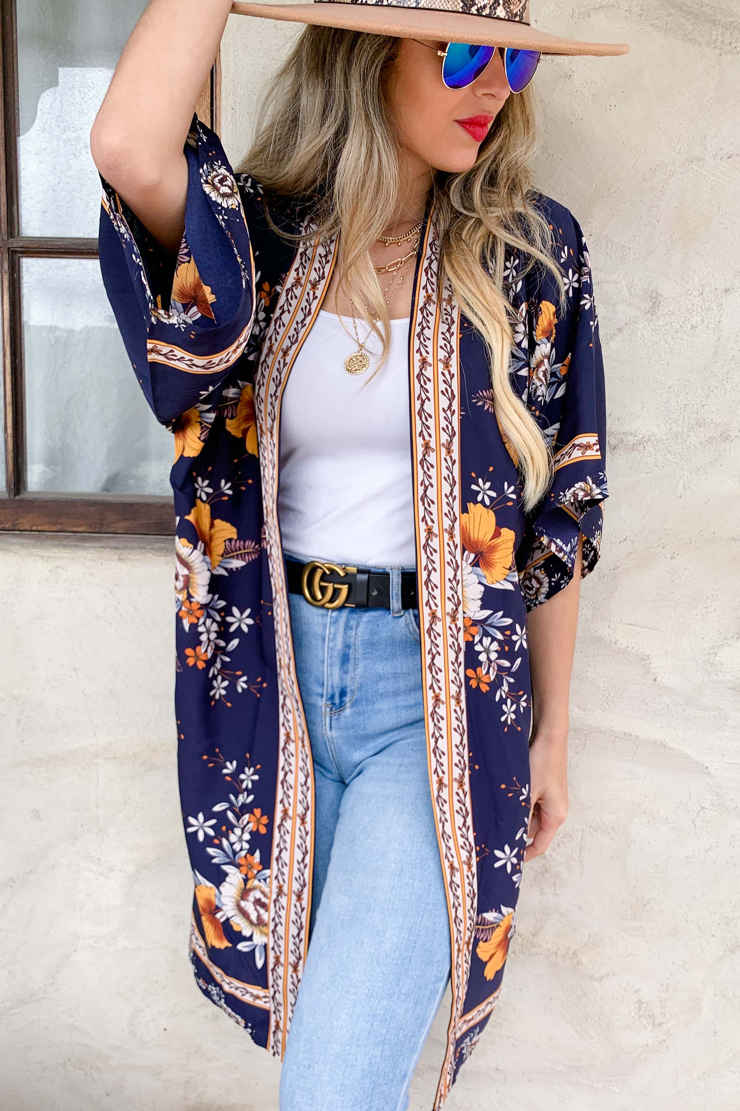 Navy Floral Border Printed Kimono Cover Up for wholesale on Faire3