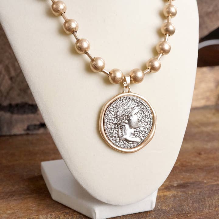 PennyLine inc - Wholesale Pendant/Charm Necklace - Coin Chunky Ball Chain Statement Necklace – Gold and Silver Tone1