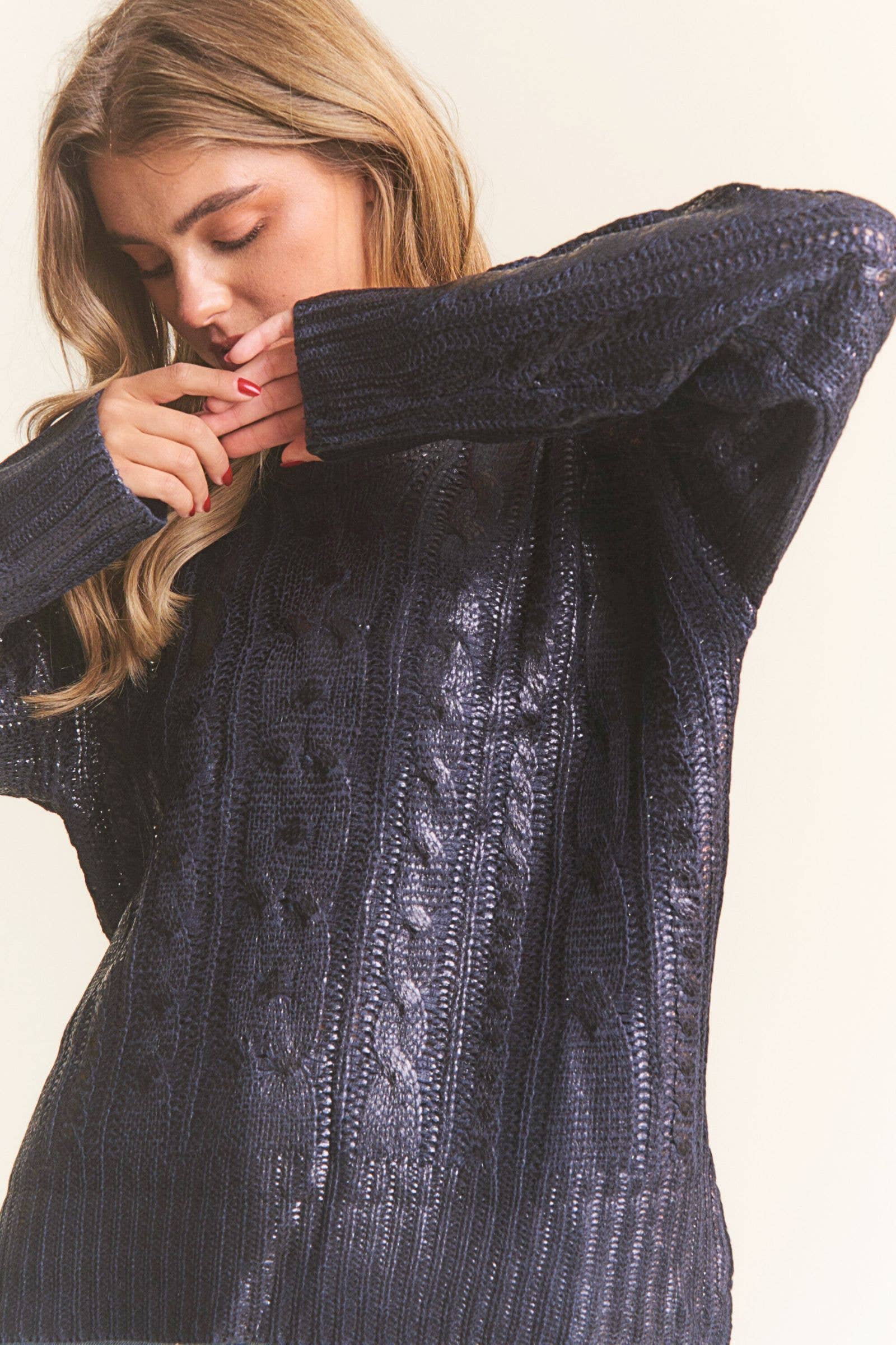 Soft Black Cire Fabric Knit Round Neck Sweater for wholesale on Faire1