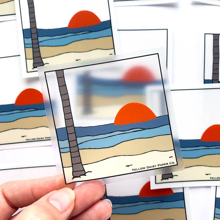 Ocean Sunset Sticker, Clear Vinyl Laptop Sticker. 3" for wholesale by Yellow Daisy Paper Co.