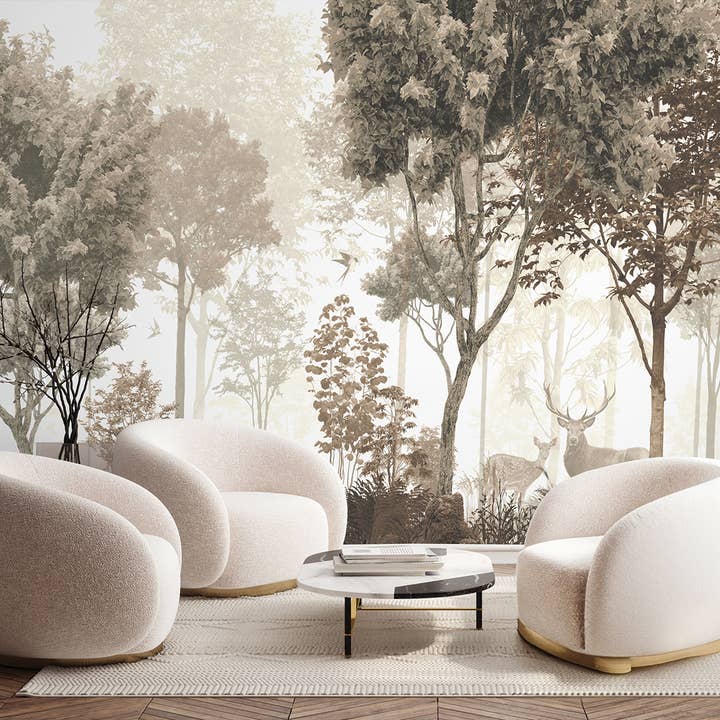 Papier peint de pépinière de cerf des bois, fresque murale de forêt neutre pour la vente par SimurgWallArts
