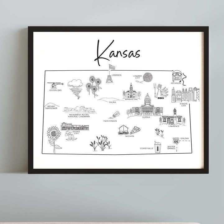 Skisstryck av Kansas - karta och intressanta platser för wholesale av Simply Sketch Studio