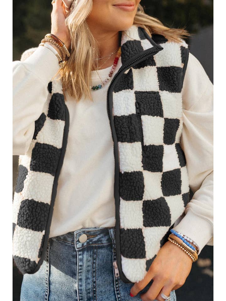 Black Checker Sherpa Zipped Jacket Vest for wholesale on Faire