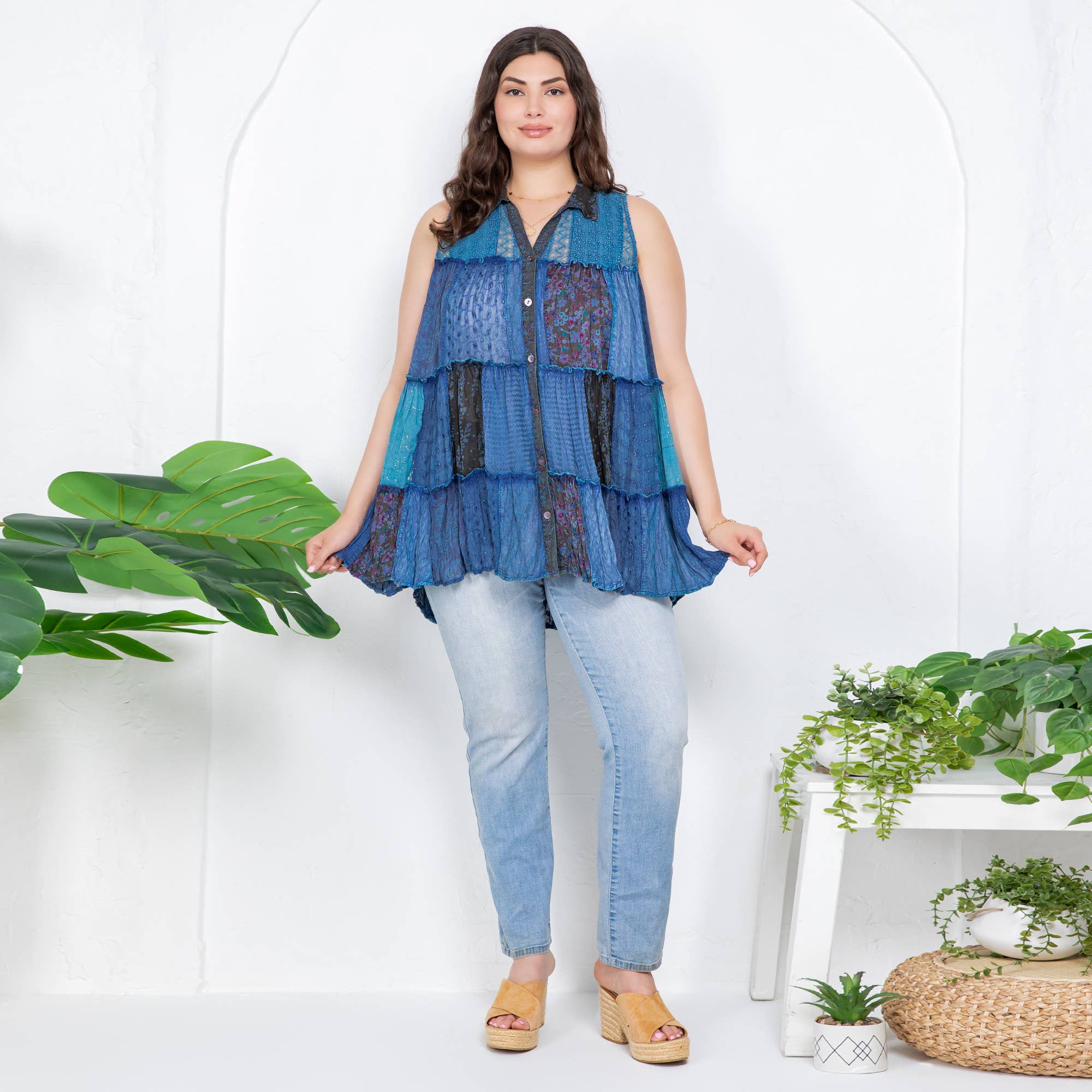 Young Threads - Wholesale Button Down Shirt - Women's - Boho Chic Nomad Patchwork Buttondown Top Sleevel (New Color)32