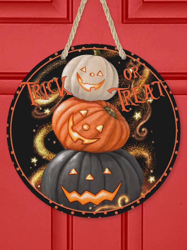 Halloween Decor Trick or Treat Stacked Pumpkins Door Hanger for wholesale by Cali Boutique Wholesale