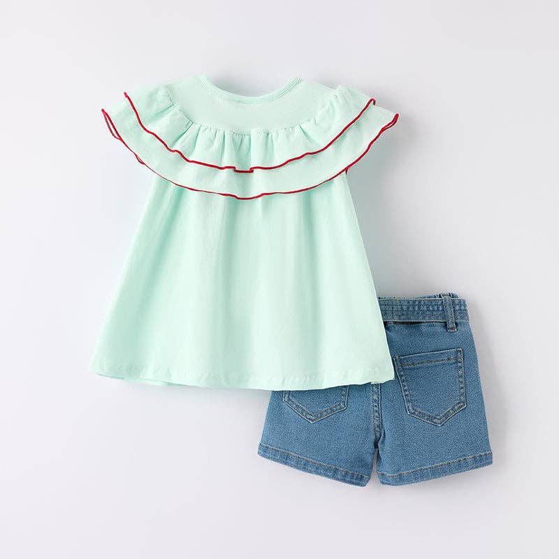 Auraquise - Vente Ensemble haut et short – enfant - Ensemble court en jean brodé de pommes pour filles de retour à l'école1