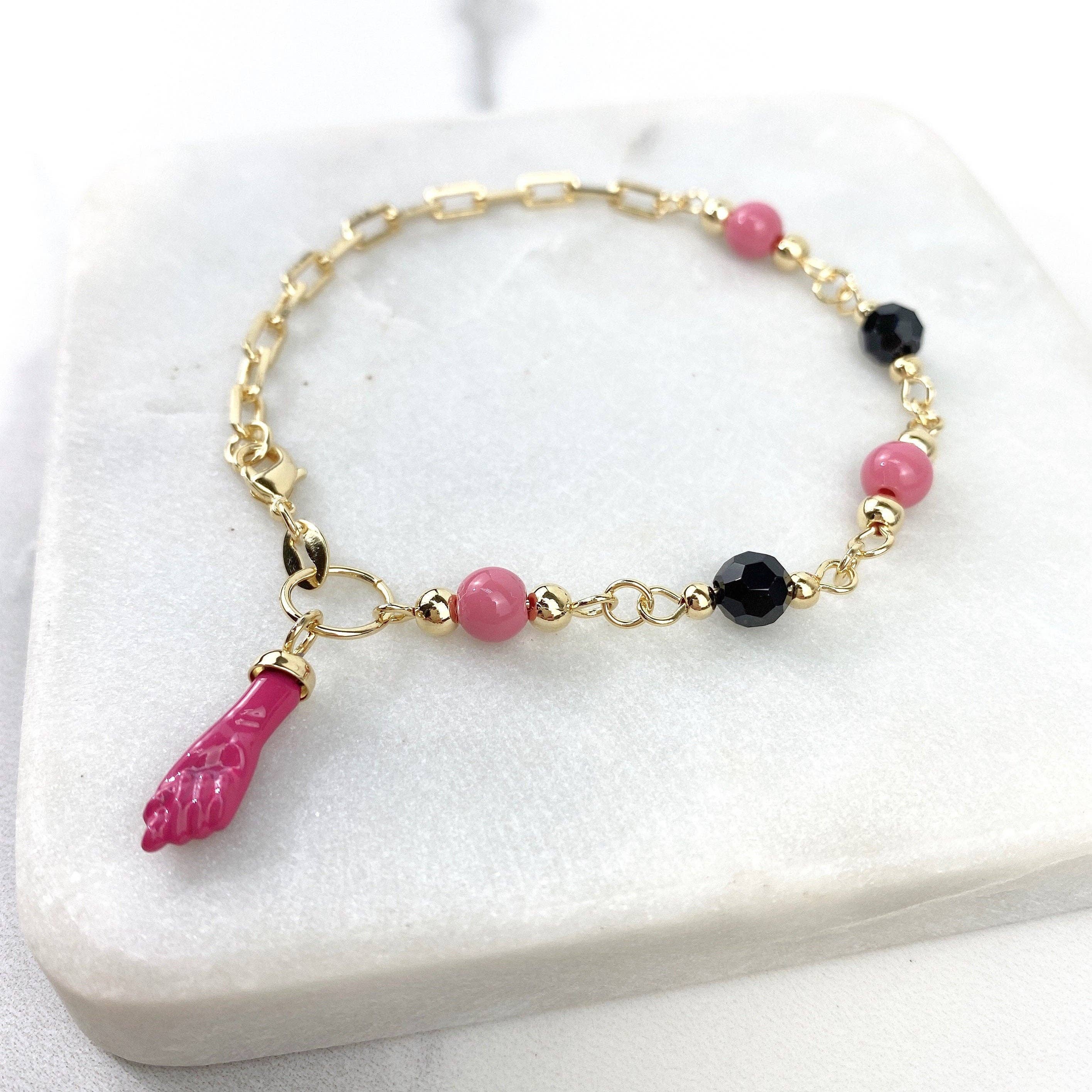Luxus Accessories - Wholesale Charm/Dangle Bracelet - 18k Gold Filled PaperClip Pink Beads Figa Hand Charm Bracelet1