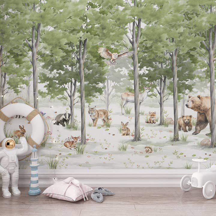 Behang met bosdieren, zelfklevende muurschildering voor de kinderkamer voor wholesale door SimurgWallArts