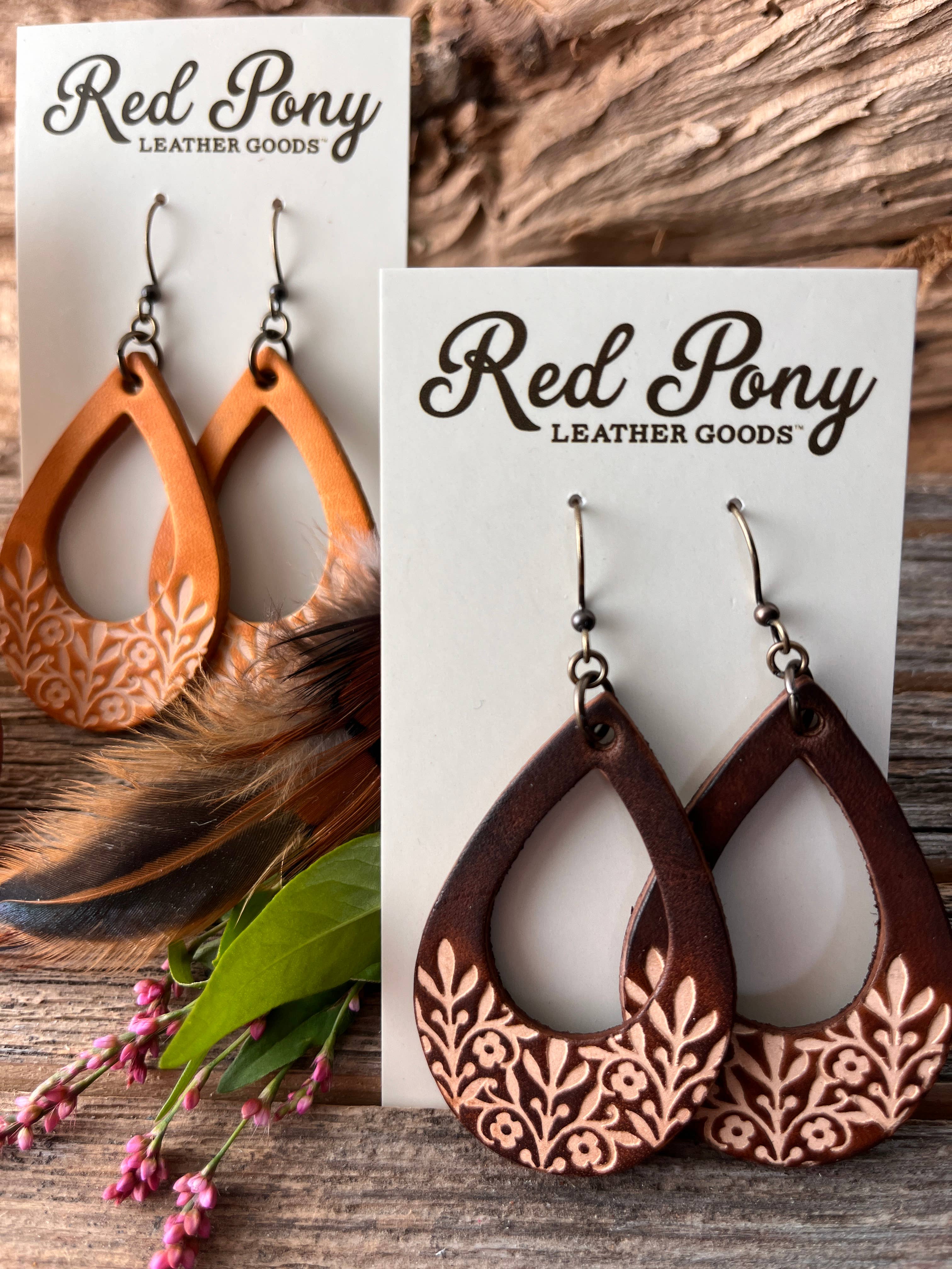 Red Pony Leather Goods – Brincos de argola por atacado – Brincos Lágrima Floral Boho Tooled Mão Tooled Couro Western Couro6