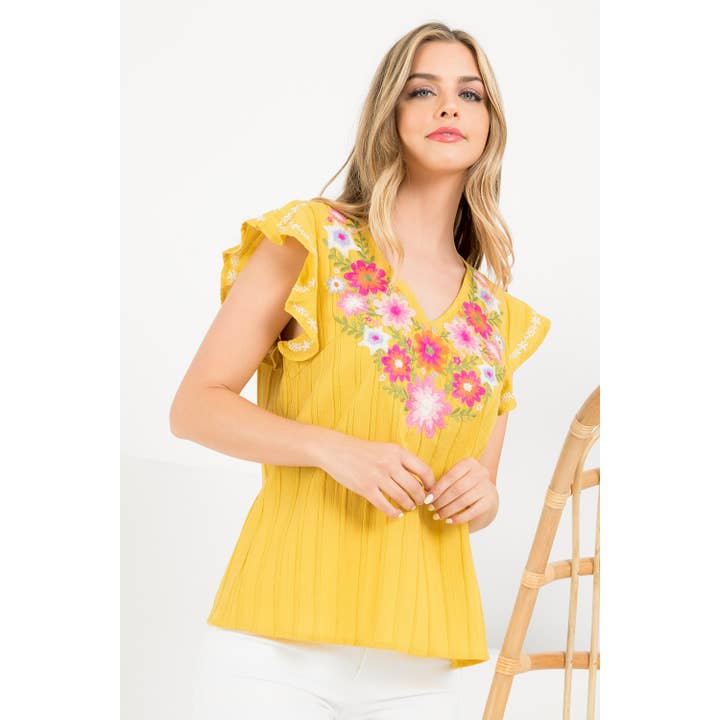 Blouse en tricot brodée bohème en moutarde et blanc pour la vente par THML