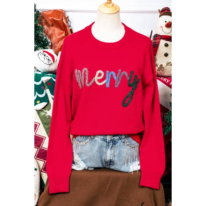 Tinsel Merry Letter Drop Shoulder Baggy Christmas Sweater for wholesale by fashionworks