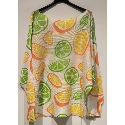 POORA Witte Vruchten Ronde Hals Gebreide Bedrukte Trui LOOWIE voor wholesale door LOOWIE