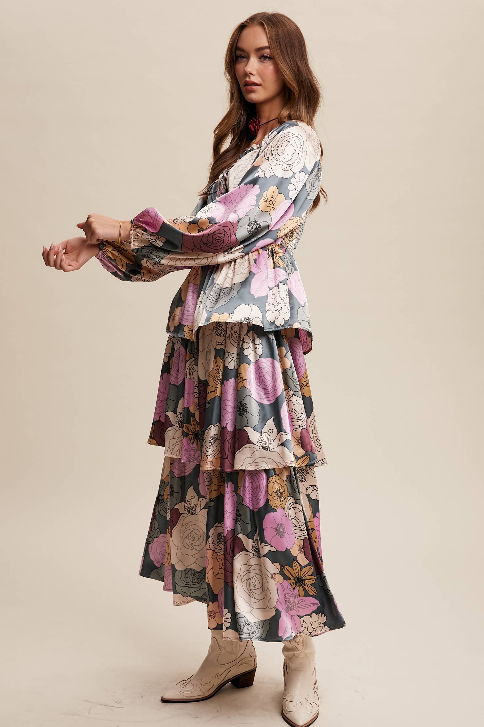 Listicle - Wholesale Dress - Women's - Floral Lace-Up Tiered Maxi Dress LD14488