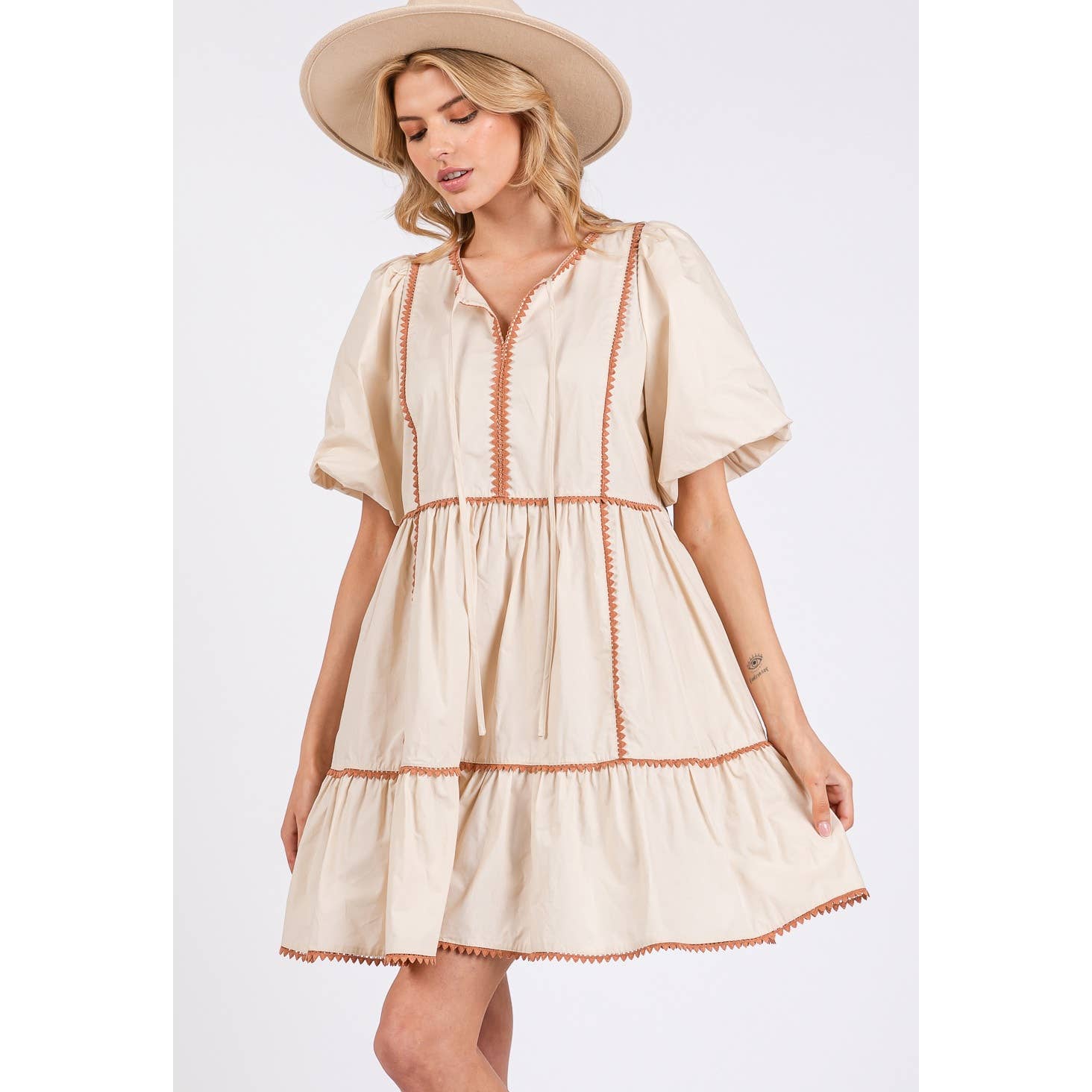 Beige RUSTIC TIERED PRAIRIE MINI DRESS (SD7694) for wholesale on Faire3