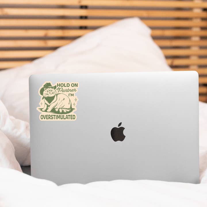 Yarnival - Wholesale Sticker - Hold on Partner I'm Overstimulated Sticker - cat, cowboy