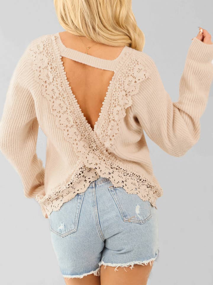 Beige Lace Backless Knit Sweater Top for wholesale on Faire
