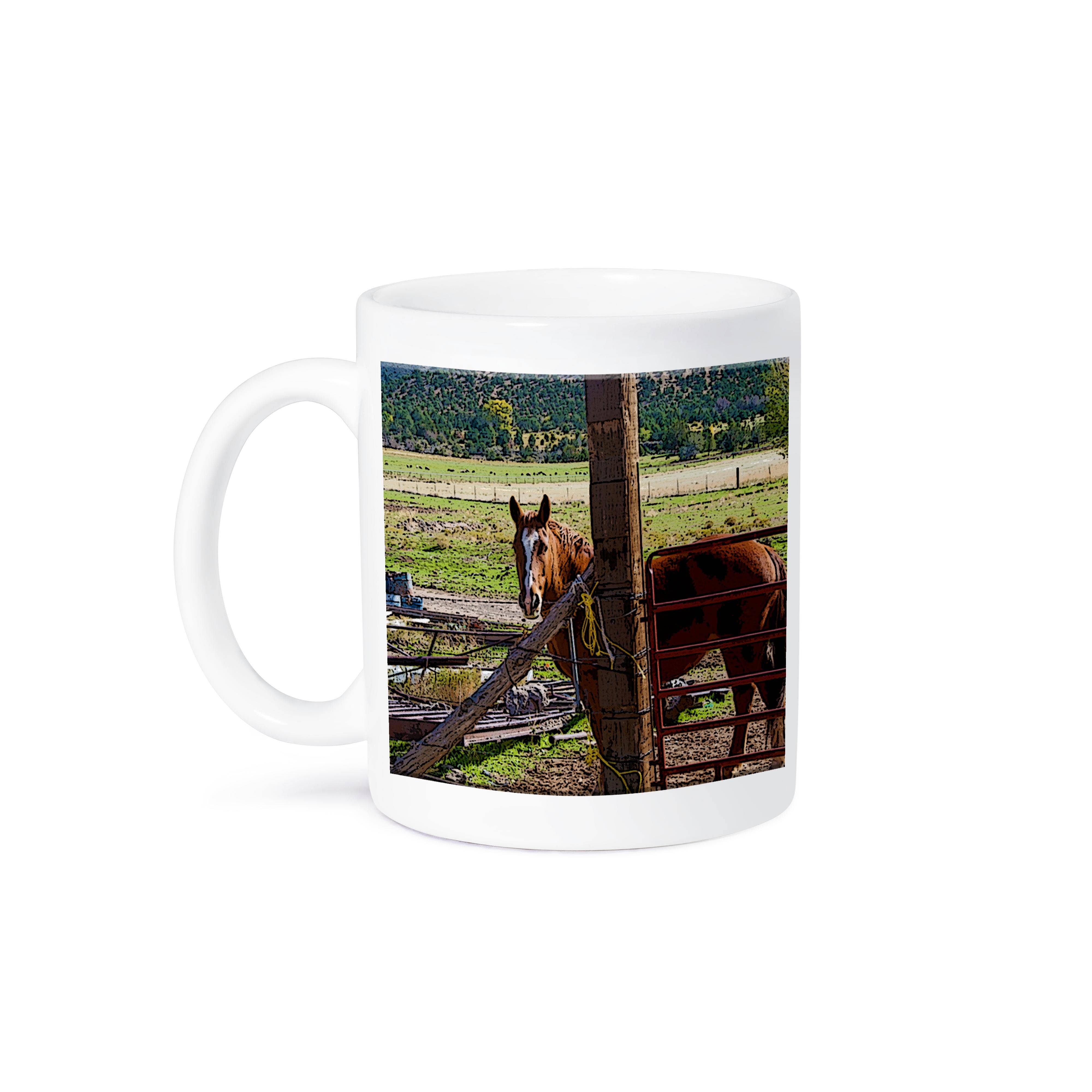 3dRose - Vente Tasse à café - 3dRose, Cheval Marron Derrière la Clôture dans le Sud de l'Utah avec des Boîtes Bleues et de l'Herbe Verte en Arrière-plan, Tasse8