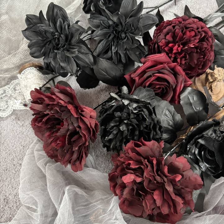 Sweet Home Deco - Wholesale Artificial Flowers - Gothic Faux Silk Flowers in Black/Red, Floral Design Flowers