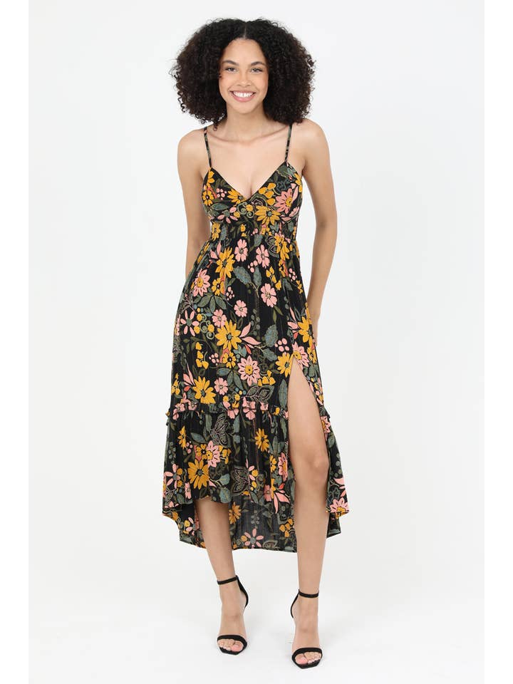 ANGIE - Wholesale Dress - Women's - C4729-A867 V NECK LACE UP BACK SLIT SKIRT MID LENGTH DRESS W