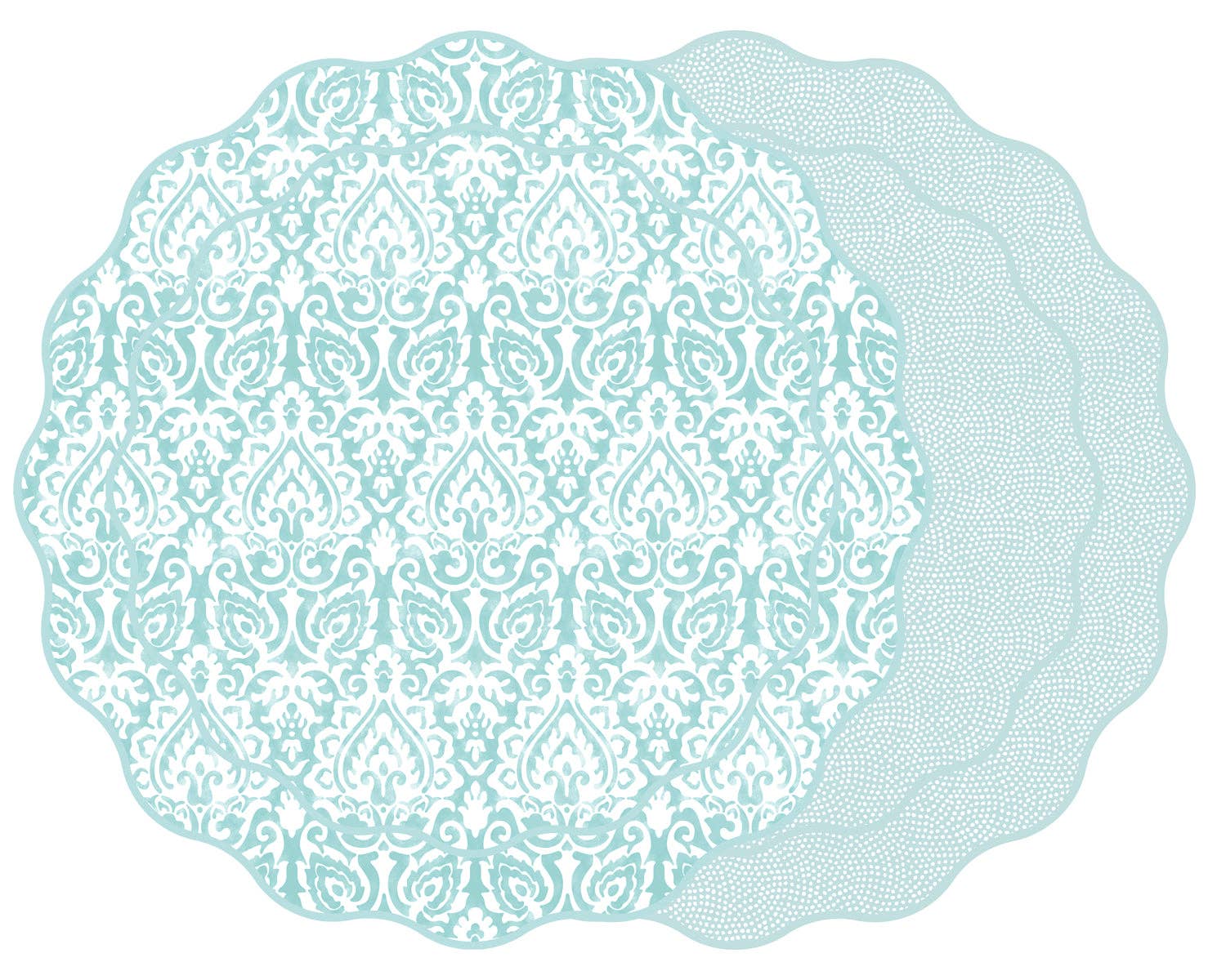 Holly Stuart Home – wholesale Placemat – DAMASK AND DOT FAN REVERSIBLE SCALLOP ROUND PLACEMAT4