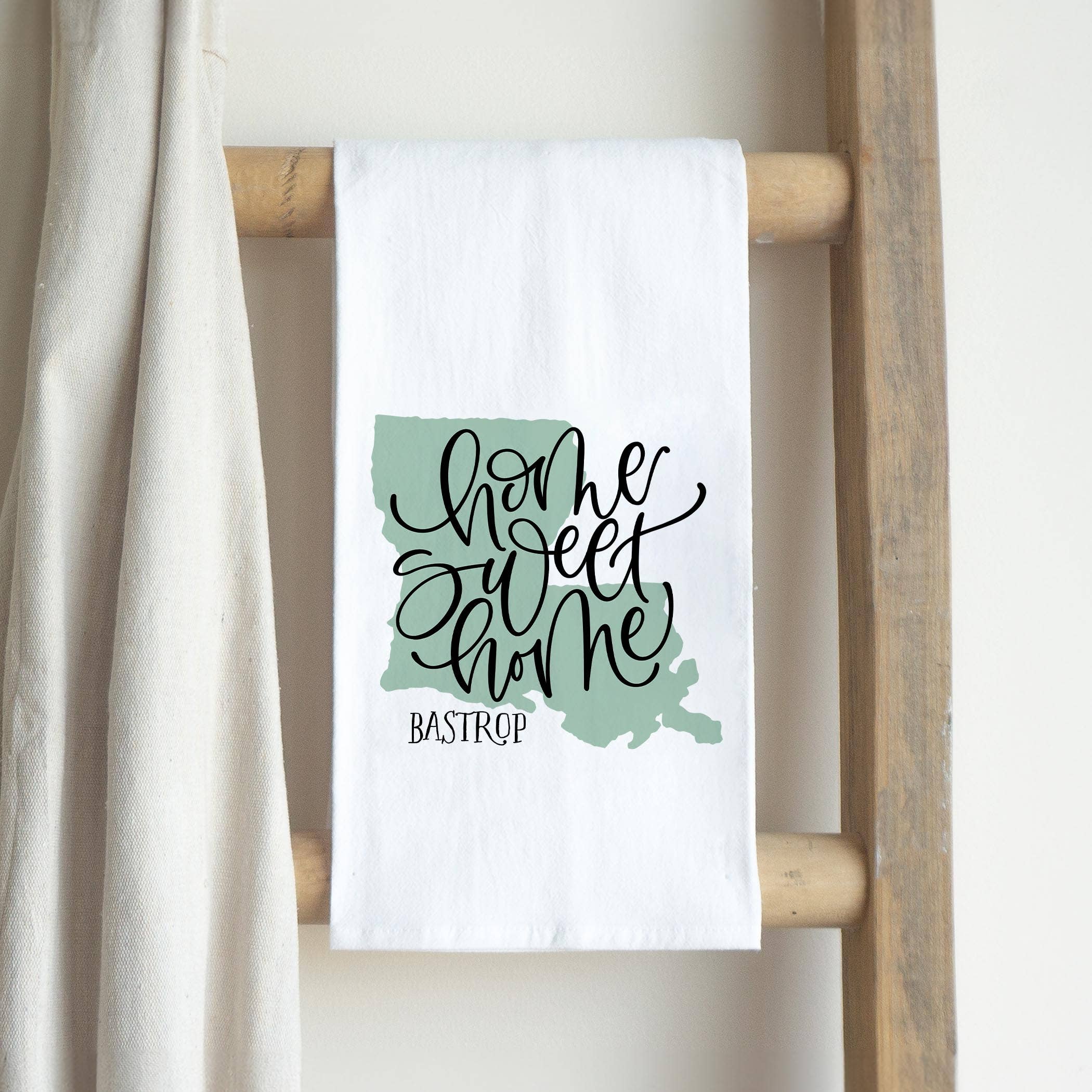 White Cotton Tea Towel White-Home Sweet Home Bastrop Louisiana for wholesale on Faire2