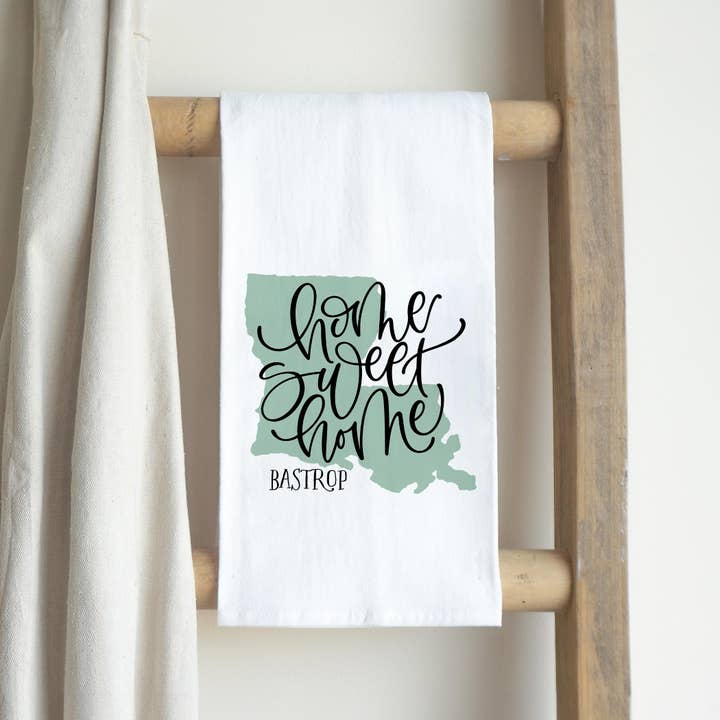 White Cotton Tea Towel White-Home Sweet Home Bastrop Louisiana for wholesale on Faire2