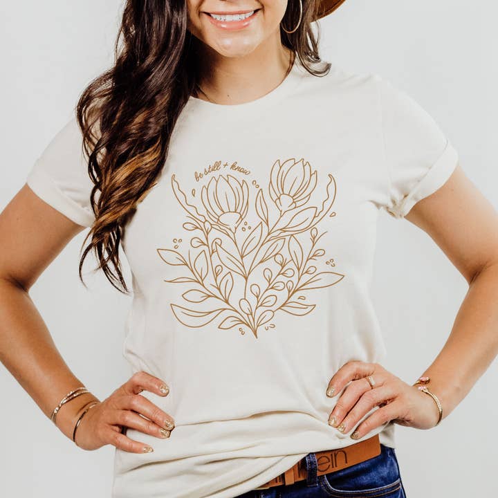 Be Still and Know Floral Graphic Tee, Womens Christian Shirt for wholesale by Scripted Pearl