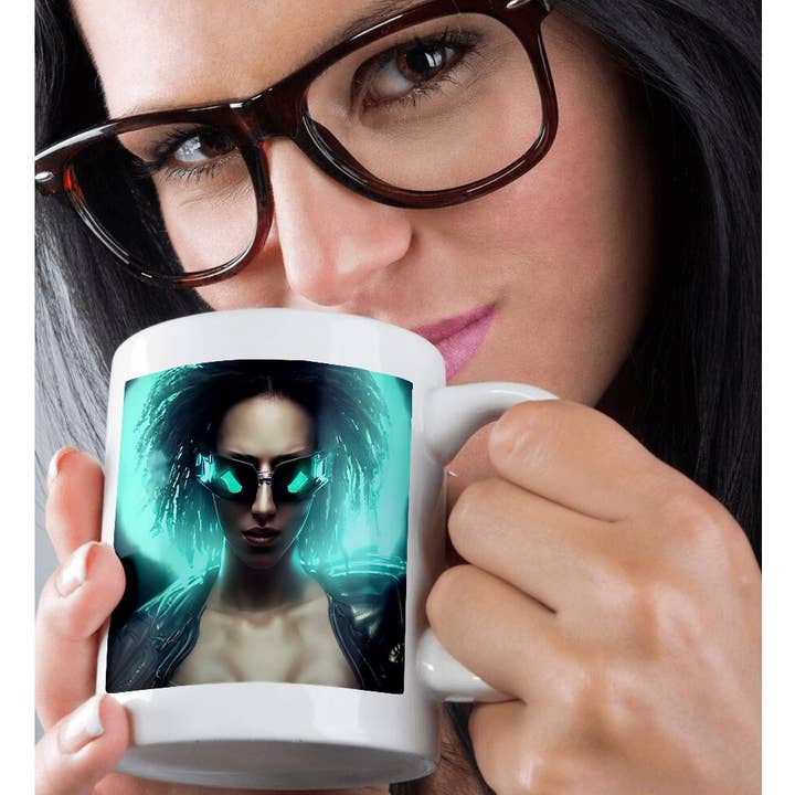 3dRose - Wholesale Coffee Mug - 3dRose, Fantasy cyborg brunette woman in special glasses. Green light behind, Mug9