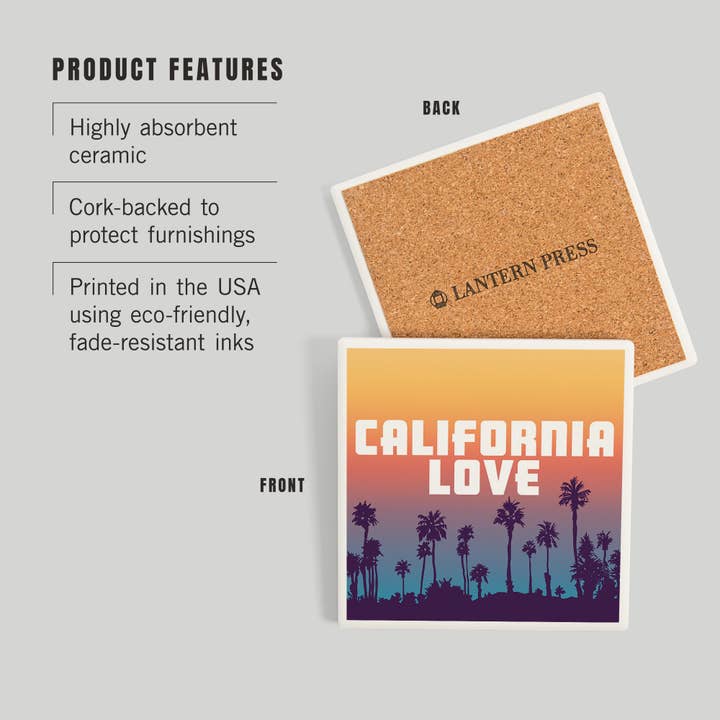Lantern Press - Wholesale Coasters - California Love - Palm Trees Ceramic Coasters