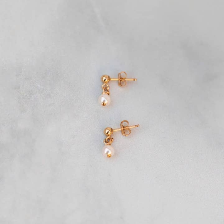 Gold Filled Stud Earrings with Pearl Dangle Drops - Dainty for wholesale by A Worthy Brand