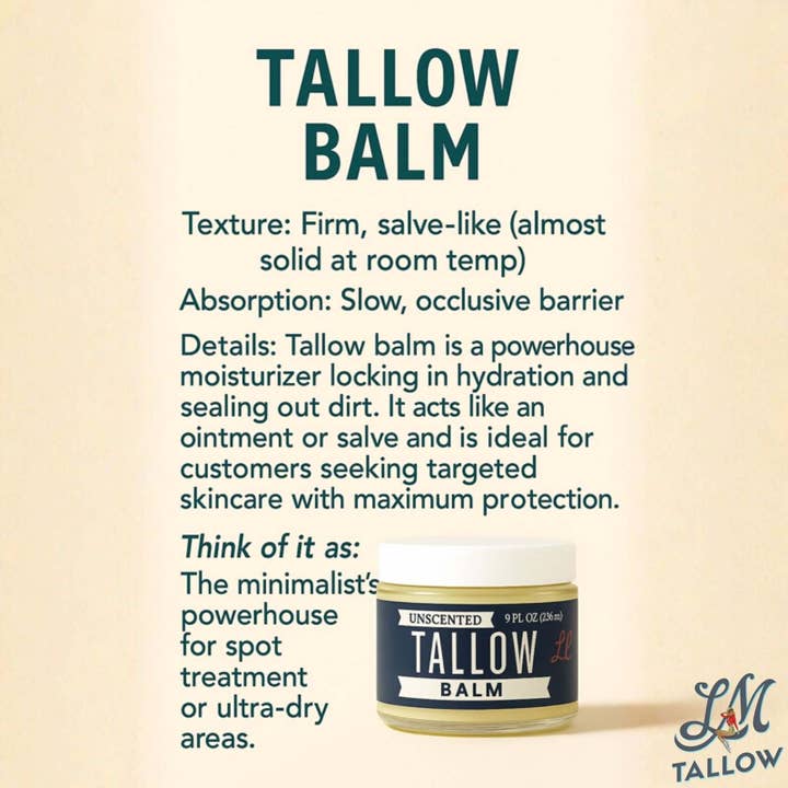 Unscented Tallow Balm | Natural Beef Tallow Vitamin E, Jojoba Moisturizer for Face & Body |Clean, Preservative-Free Skincare by Lady May for wholesale by May's Market @ TLM