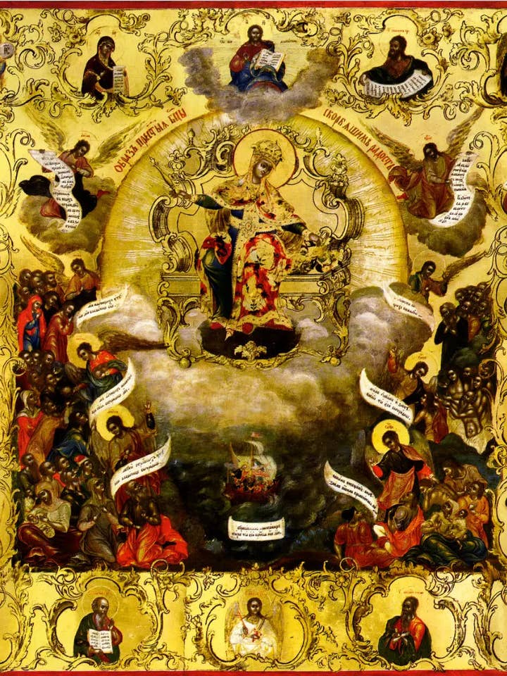 Muttergottes Jungfrau Maria die Theotokos „Freude aller Betrübten“ mit den Heiligen. Holz-orthodoxe Ikone für den Großhandel von Iconsofsaints