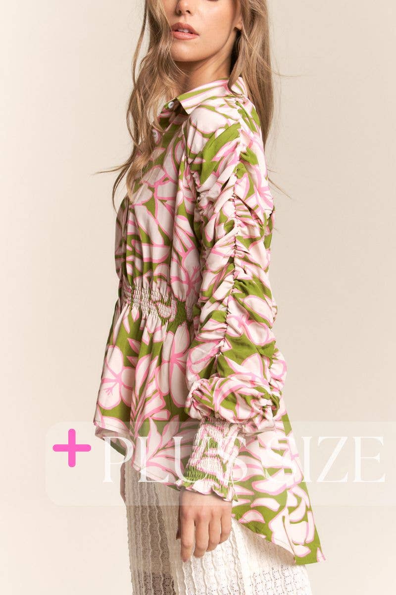 Rosa Verde Top a bottoni asimmetrico con maniche arricciate e stampa floreale taglie forti in vendita all'ingrosso su Faire5