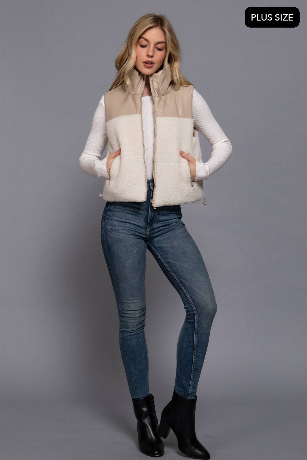 Active Basic | Active USA - Wholesale Outerwear Vest - Women's - [PLUS SIZE] Reversible Faux Leather-Sherpa Padding Crop Vest4