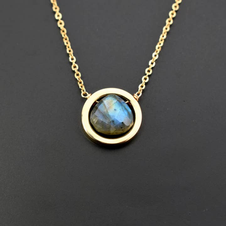 Kendra Labradorite Gold Circle Pendant Necklace for wholesale by Edgy Petal Jewelry